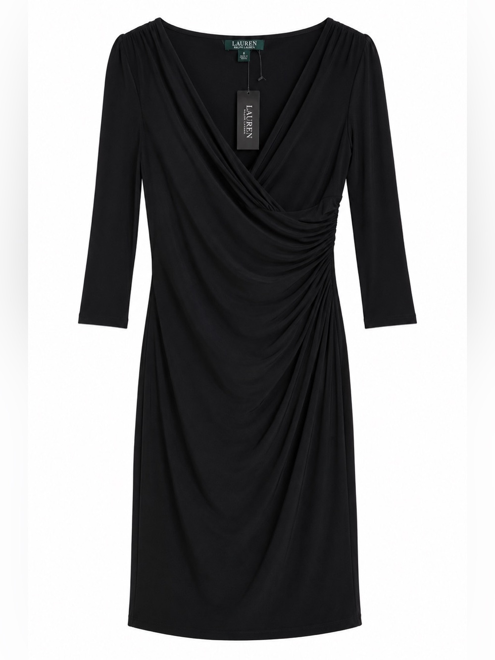 NWT Lauren Ralph Lauren Black Ruched Faux Wrap Cocktail Dress Size 6